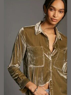 Anthropologie Pilcro Hadley Velvet Relaxed Buttondown Shirt Moss Size XS